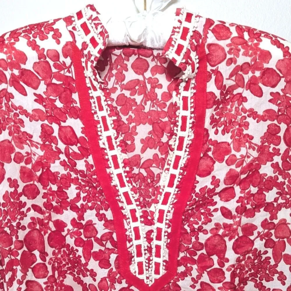 Tory Burch Red Floral Crochet Ribbon Details Blouse